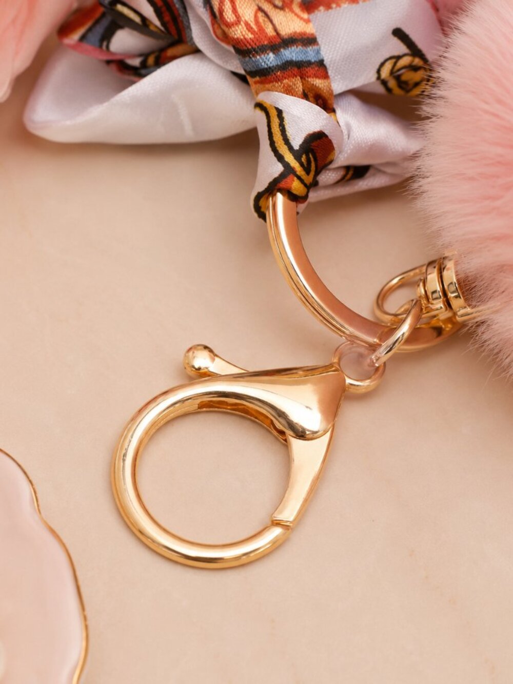 Pink Gold Purse Charm Pom Pom Bag Charm Scarf Bow Keychain Designer Inspired - Picture 5 of 5